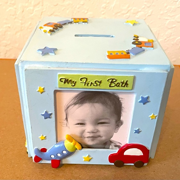 Baby's First Milestones Photo Coin‎ Bank  Blue Train Airplane Car Stars - Picture 1 of 8